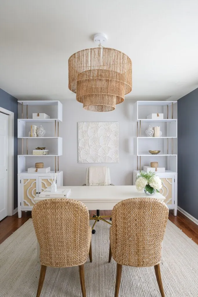 Home office with woven chandelier and natural materials